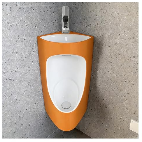 Orinatoio in ceramica a parete Orinatoi Angolari per Bagno Uomo, Orinatoio in Ceramica 2 in 1 con Lavabo, Orinatoio Integrato A Parete, Design Anti-odore(White+Orange)