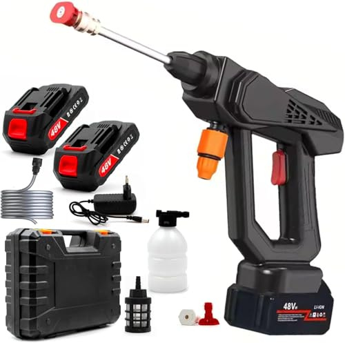 Vazy 24 Idropulitrice Portatile a Batteria 48V (2 Batterie) – Pistola Lavaggio Alta Pressione Wireless con Lancia, Tubo Aspirazione, Filtro, Flacone Schiuma e Valigetta – Per Auto, Bici, Pavimenti