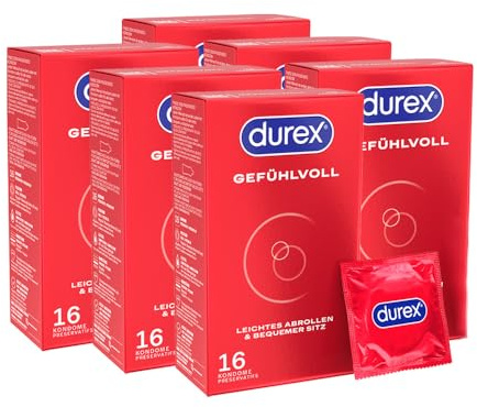 Durex Gefühlvoll Kondome – anatomische Easy-On-Form, mit viel Silikongleitgel, reguläre Passform 96 Kondome (6 x 16 Stück)