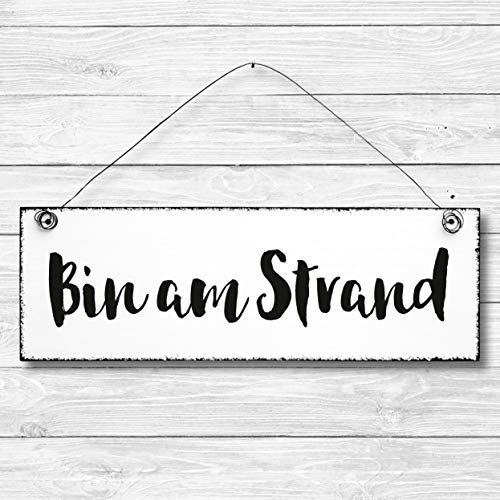 Bin am Strand - Dekoschild Türschild Wandschild aus Holz 10x30cm - Holzdeko Holzbild Deko Schild