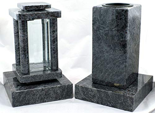 designgrab Modern Grablampe mit Cube-medium Vase und 2 Stück Sockel aus Granit Orion, Grabschmuckset