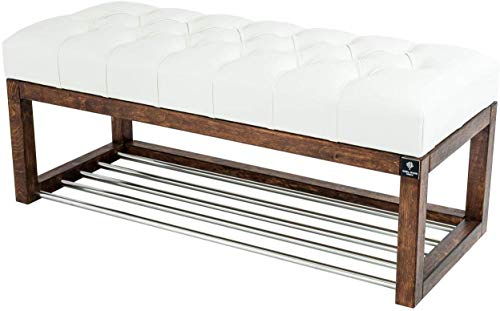 EMRA WOOD LPP 4 Höhe 50cm Kunstleder Weiß Sitzbank Bank Hocker Flur Eingang Garderobe Holz Walnuss Lackiert Antik Schick Elegant Neu OVP Shabby Vintage Handarbeit Nach Mass (118, 40)