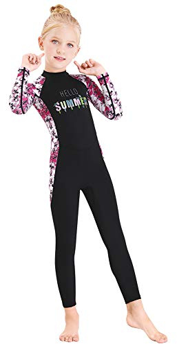 Full Body Kids Swimsuit One Piece Rash Guard Long Sleeve Wetsuit Skin for Girls Boys Children, Sunsuit Swimwear UPF 50+ UV Sun Protection Quick Dry for Beach Water Sports (Flower-Black, L)