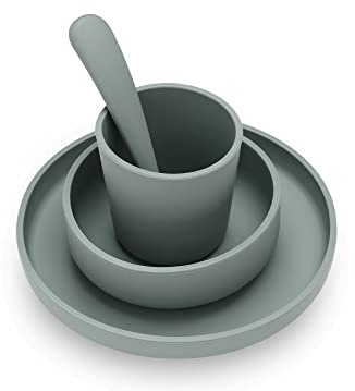 Jollein Baby Kleinkind Geschirrset Silicon 4-teilig Teller Schale Becher Löffel ash green | 705-007-00095