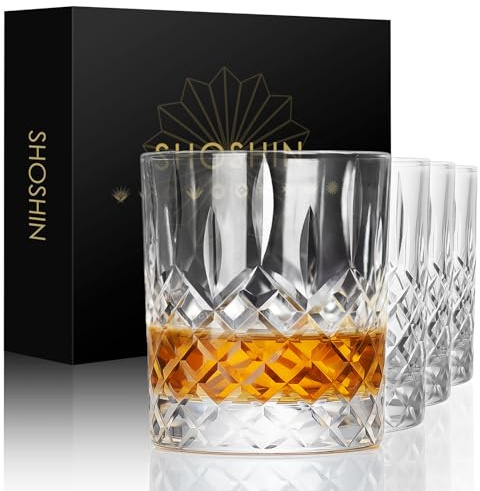 SHOSHIN Premium Hand Cut Whiskey Glasses (13 OZ, Set of 4) - Handmade Double Old Fashioned Scotch Glasses - Gift for Bourbon Lovers - Style Glassware for Rum - 4 Rocks glasses in Gift Box