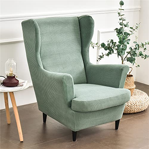 Highdi 2 Teilig Jacquard Ohrensessel Überzug, Sessel-Überwürfe Ohrensessel Schonbezüge Bezug Sesselhusse Elastisch Stretch Stuhlbezug mit Armlehne Hohe Rückenlehne Universal (Minzgrün)