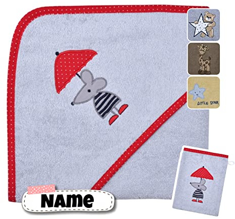 Stickling Kapuzenhandtuch Baby mit Waschlappen Set | Baby Badetuch 80 x 80 cm Kapuzenbadetuch | personalisiert mit Name | Baby Handtuch mit Kapuze Bestickt | Baby Erstausstattung (Maus grau)