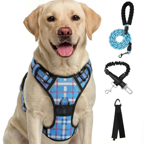 FURRYFECTION Harnais Anti-Traction Réfléchissant À Carreaux Bleus Taille L | Tissu Oxford résistant, poignée rembourrée, 4 sangles réglables, 2 clips de laisse, sans étranglement pour chiens