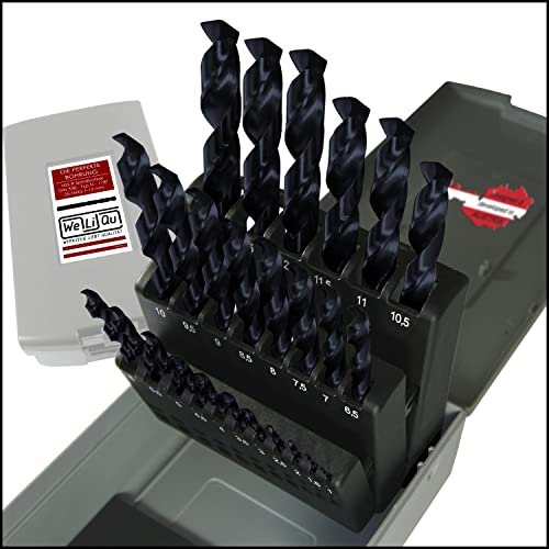 WELIQU Hochwertiges HSS-R Bohrerset 25-teilig, 1-13mm, 0,5mm Schritte - Rollgewalzte Metallbohrer für Stahl, Alu, Messing, NE Metall, Guss, PVC - Spiralbohrer - Stahlbohrer