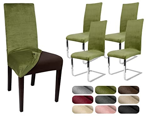 BEAUTEX Stuhlhussen Samt Stretch Stuhl & Schwingstuhl 4er Set Olivgrün LEA | 95% Polyester, 5% Elasthan, weiche Velours-Oberfläche, Rundum-Gummizug, 30 °C waschbar, faltenarm, formstabil & langlebig