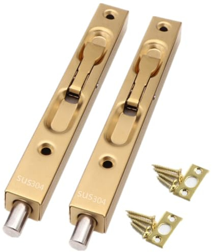 szhdxsy 2-Pack Hidden Latch & Bolt 304 Stainless Steel 6 inch(15cm) Security Door Bolt Latch, Double Door Lever Action Flush Bolt Latch, French Door Slide Bolt Lock,Golden