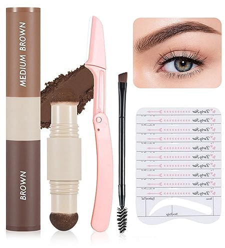 HERBENJOY Eyebrow Stamp Stencil Kit, Long Lasting Waterproof Brow Stamp Kit, Easy To Use Highly Pigmented Eyebrow Powder Makeup Reusable Eye Brow Stencil Template Set (Brown & Medium Brown)