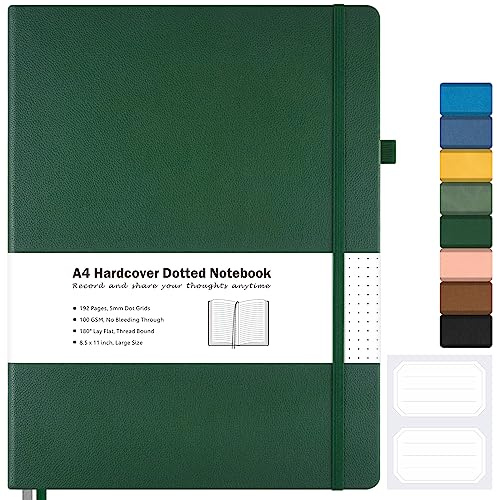 Dotted Journal, Hardcover Notebook 8.5 x 11, Dot Grid Notebook Journal for Women, Men, Large Leather Journals for Writing, Bullet, No Bleed Thick Paper, A4 Notebooks for Work, School, Notes, Green