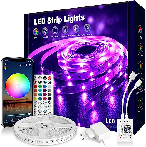 VKH LED Strip 5m, LED Streifen 5m Selbstklebend Bluetooth RGB LED Band mit Fernbedienung und APP, LED Lichterkette LED Beleuchtung Leds für Zimmer Gaming Party