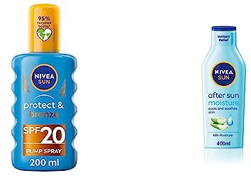 NIVEA SUN Protect & Bronze Sun Spray SPF20 (200ml), Bronzing Tanning Lotion Spray with SPF20 & NIVEA SUN After Sun Moisturising Soothing Lotion (400 ml), Cooling Moisturiser with Aloe Vera