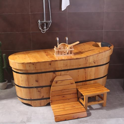MegLob Freistehende Hölzerne Badewanne Beleuchtete, Japanische Stil Massivholz -Einweichenwanne Mit Faltbarem Hölzernen Thermischen Deckel,150cm/59.05