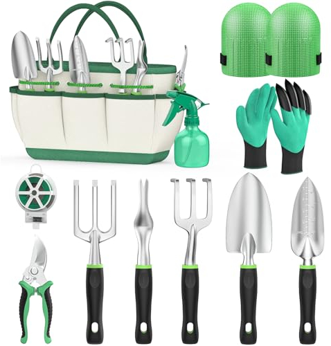 Fixmend Garden Tools, 11 Pieces Gardening Tools, Aluminum Alloy Garden Tools Set Gift Kit with Heavy Duty Tool Bag, Gardening Gifts for Women & Men