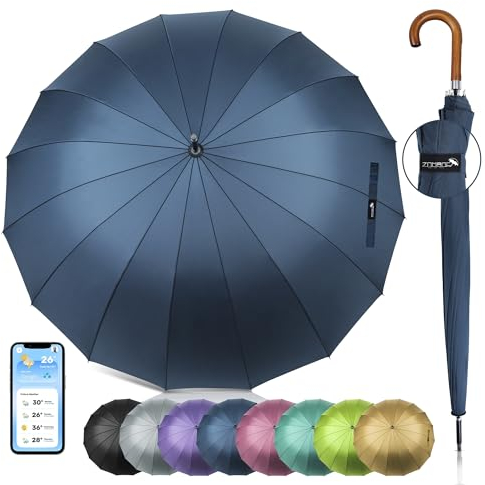 ZOMAKE Stockschirm Groß XXL- 16 Rippen Regenschirm Sturmfest Automatik Für Herren & Damen,55 Inch Stockschirme Großer Stabil Mit Holzgriff,Regenschirme Golf Schwarz Für 2 Personen(Marineblau)