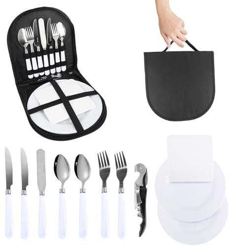 RUCUDIM Camping Besteck Set 11 Portable Besteck Set, Camping Geschirr Set, Edelstahl Outdoor Geschirr Set für Picknick Reisen Wandern Camping für 2 Personen (Schwarz)