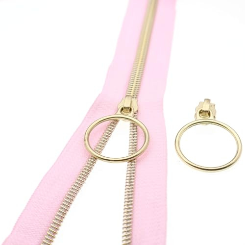 Leekayer #5 Gold-Metallic-Nylon-Spiralreißverschlüsse meterweise, 10 Yards (9,14 m) pinkes Reißverschlussband mit 25 Stück Gold-Ring-Ziehschiebern für DIY Nähen Schneider Handwerk Tasche (Pink)