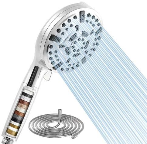 VivaLox Hard Water Filter Shower Head,15 Stage Shower Filter with 1.5m Hose,High Pressure Shower Heads with 8 Spray Modes and 2 Clean Modes,Handheld Showerhead for Residual Chlorine Remove,Chrome