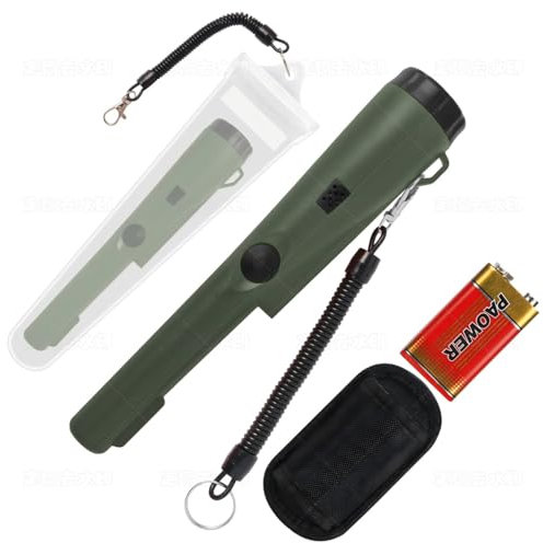 Metal detector, metal detector pinpointer per ricerca metalli, caccia al tesoro, ricerca a 360° di tesori d'oro con cintura, fondina, LED, accessori per attrezzi impermeabili (Verde militare)