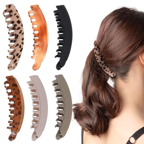 Prasacco 6 Stück Bananenspange Haare, Bunte Bananen Haarspange 13 x 3 cm Große Banana Hair Clip Vintage Rutschfeste Pferdeschwanz Haarklammer für Frauen und Mädchen (6 Farben)