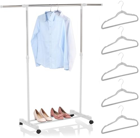 K AKTUAL Burro ropa con ruedas - Barra extensible para colgar ropa - Medida 89-145 x 43 x 90-160 cm - Perchero burro resistente de acero inoxidable y metal - Incluye 5 perchas de terciopelo