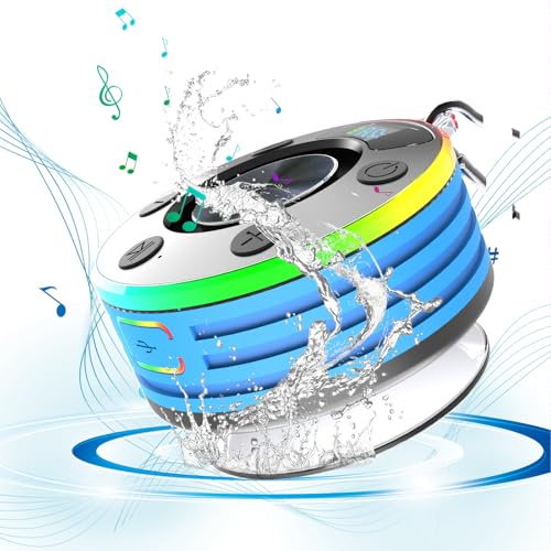 Bluetooth Dusche Lautsprecher, 5.3 Bluetooth Lautsprecher IPX7 Wasserdicht Lautsprecher mit RGB Licht Multifunktional 360° Stereo Sound Dusche BT Lautsprecher für Dusche Party Reisen (Blau)