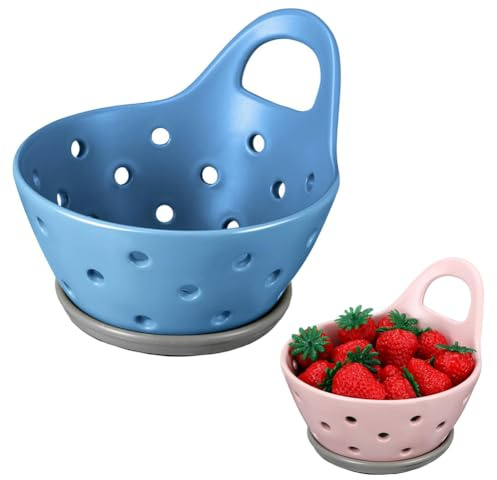 Keramik-Beerenkorb, Steingut-Sieb mit Griffen, Obstschalen zum Waschen von Beeren und Gemüse, Blau