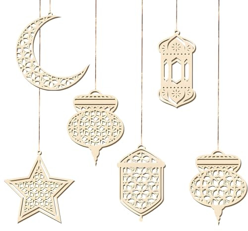 6 Stücke Holz Anhänger zu Ramadan, Hohl Mond Stern Wind Licht Form Anhänger Ornament, Ramadan Kareem Dekoration, Eid Mubarak Hängende Ornamente, für Ramadan Eid Party Wand Tür Fenster Tabelle Deko