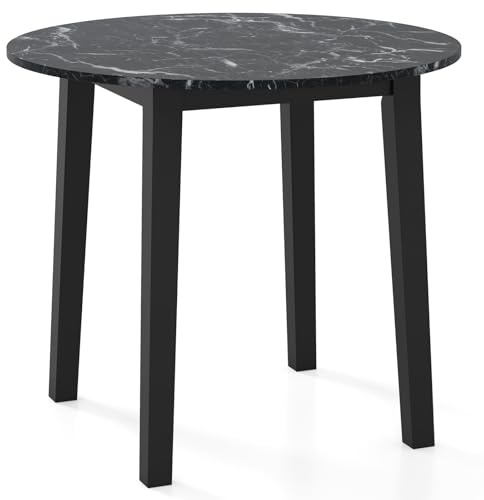 COSTWAY Round Dining Table, 90cm Modern Kitchen Tables with Marble-textured Veneer Tabletop and Rubber Wood Base for Dining Room Living Room Office Restaurant, 130kg Load