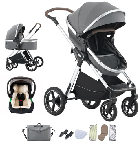 Mobayta kinderwagen 3 in 1 Kombikinderwagen für Neugeborene robustes leichtes Aluminiumgestell geeignet bis 22KG hochgestellter Kinderwagen vielseitig und praktisch Buggys (D2-DEEPGREY, H2-D)