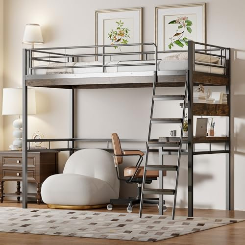 Letto a soppalco 90x200 cm con scrivania mensole ringhiere scaletta letto singolo per adulti letto per con struttura in ferro letto per ospiti senza materasso struttura letto nero