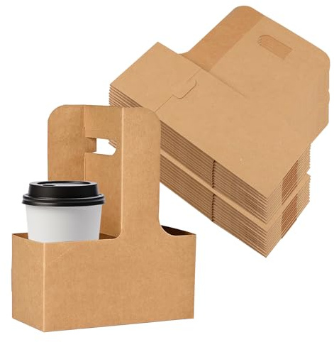 Roucerlin Lot de 20 porte-gobelets jetables avec poignée pour la livraison, 2 tasses en carton kraft, porte-tasses à café, pliable, support pour boissons chaudes ou froides