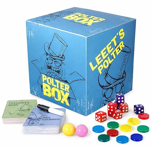 JGA PolterBox Deluxe – Komplettset mit 11 Partyspielen für Junggesellenabschied, 4–20 Spieler – All-in-One JGA Partybox für Polterabend, Aufgaben & Gruppen-Challenges (Men’s Edition)