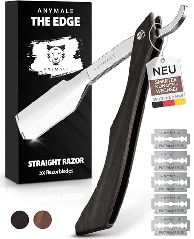 ANYMALE® Premium Rasiermesser mit Wechselklinge The Edge für Herren Griff aus Eben-Holz - Straight Razor Bart & Konturen inkl. 5 x Klinge - Edelstahl Barber & Friseur Nass-Rasierer Bartmesser Set