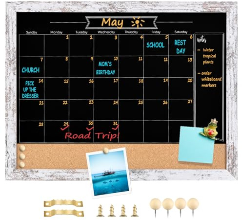 Okydoky Abwischbarem Kreidetafel-Kalender und Pinnwand, 33 cm x 43cm, Kombination aus trocken Black Board with Magnetischer, Faux weißer Holzmaserungsrahmen(ZHHB-WOOD WH-3343).DE