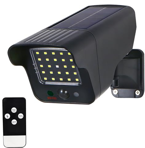 Fishtec Projecteur Solaire et Caméra Factice - 250 Lumens - Détecteur de Mouvement - 3 Modes d'Éclairage avec Télécommande - Étanche IP65
