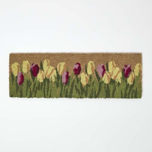 HOMESCAPES Natural Coir Door Mats, Floral Tulips Heavy Duty Dirt Trapper, Non-Slip Door Mats Indoor Outdoor, 75 x 25 cm, Large Rugs For Entrance & Entryways With PVC Reverse
