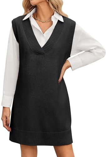 Zeagoo Women Sweater Vest Oversized V Neck Sleeveless Knit Pullover Ribbed Vest Dress Black M