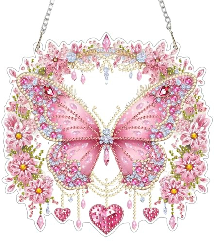 GHHKUD Schmetterling Diamond Painting Fensterbilder Beidseitige, Diamond Painting Anhänger mit Kette, Diamant Malerei Bilder Kristall Fensterbilder, Wandbehang Kit für Eingang und Fenster Wand Decor