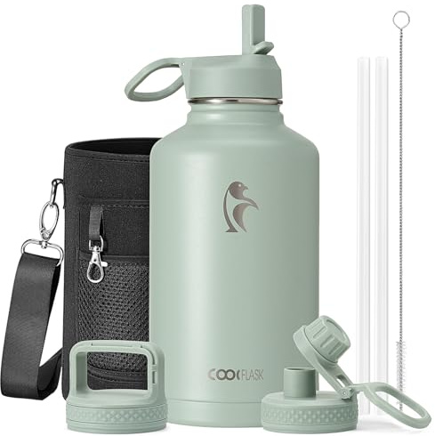 Botella de agua Coolflask de medio galón aislada con popote y 3 tapas, jarra de agua de 64 onzas, grande, de metal de acero inoxidable, boca ancha para deportes, gimnasio u oficina, sin BPA, mantiene