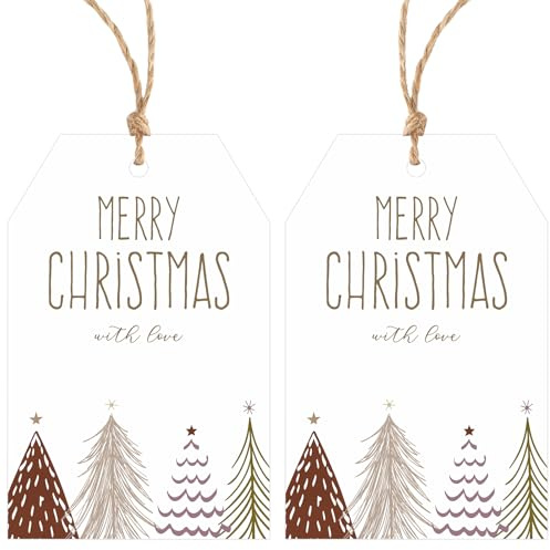 G2PLUS 50PCS Etichette Natale: Etichette Regalo Natale 8,5 x 5,5 cm con motivo Alberi di Natale e 10m di Spago per Regali, Fai-da-te e Decorazioni Natalizie