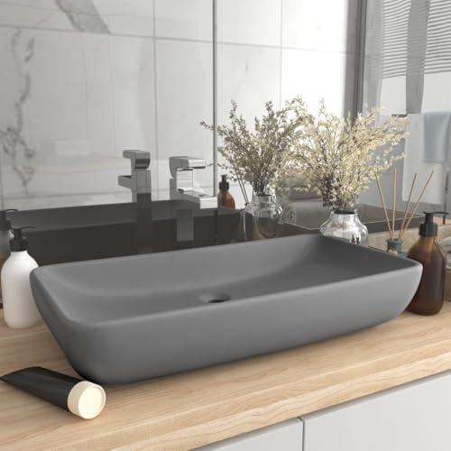 Vasque with Céramique, Design Moderne, Finition Mate, Vasque à Poser Salle de Bain, Lavabo Salle de Bain, Meuble Vasque Salle de Bain, Gris Clair Mat, 71 x 38 x 13.5 cm