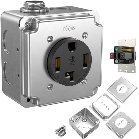NEMA 14-30R 220V Outlet Box Installation Kit, ETL 30A 4-Prong Dryer Receptacle, UL 4 2-Gang Metal Electrical Box Plaster Ring Surface Flush Mount Exposed Work Cover Faceplate Clamp Connector