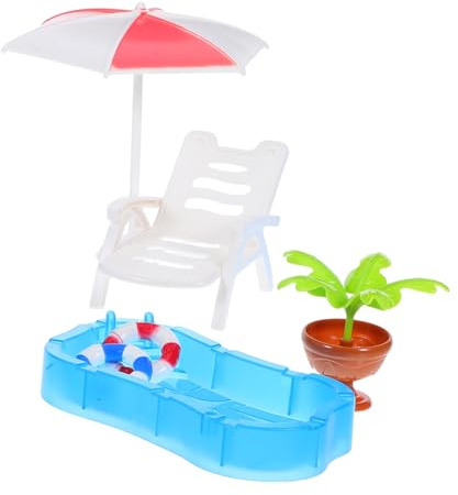GARVALON Miniature Dollhouse Pool and Beach Chair Set Swim Ring, Umbrella, and Mini Plants Toy for Kids, Portable Resin Furniture Model for Summer Play and Dollhouse Decoration