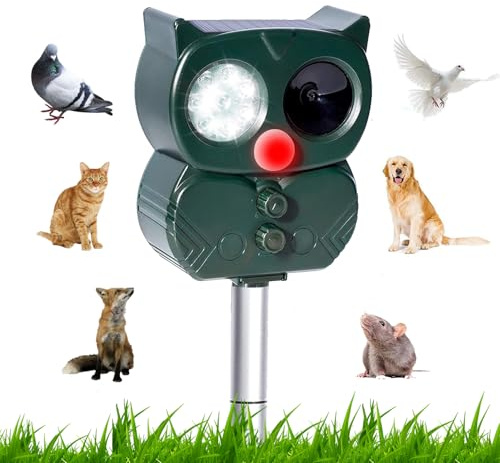 Repellente per Gatti, Dissuasori per Piccioni, Ultrasuoni Repellente Gatti Solare con Flash LED, Ultrasound Repellente per Animali, IP65 Impermeabile per Cani, Uccelli, Topi, Volpi