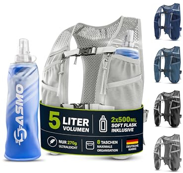 SASMO® Laufweste Damen & Herren 5L | Running Vest - Ultraleicht 270g & atmungsaktiv| Laufrucksack Damen - 8 Taschen | Laufweste Herren | Trinkweste Laufen (weißgrau - mit 2x500ml, 5L)