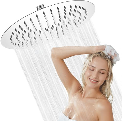 Alcachofa de Ducha Grande Anticalcáreo y Alta Presión - Redondo 10 Pulgadas con Boquillas de Silicona Autolimpiantes - Ducha de Lluvia en Acero Inoxidable, Fija a Pared para Baño Moderno - Cromado